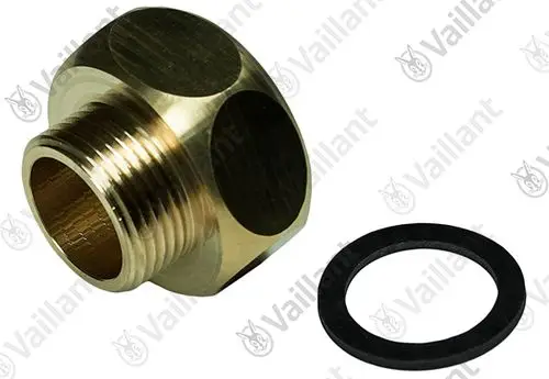 Vaillant Adapter in metallischer Ausführung mit Gewinde und abgerundeten Kanten, daneben eine schwarze Dichtung.